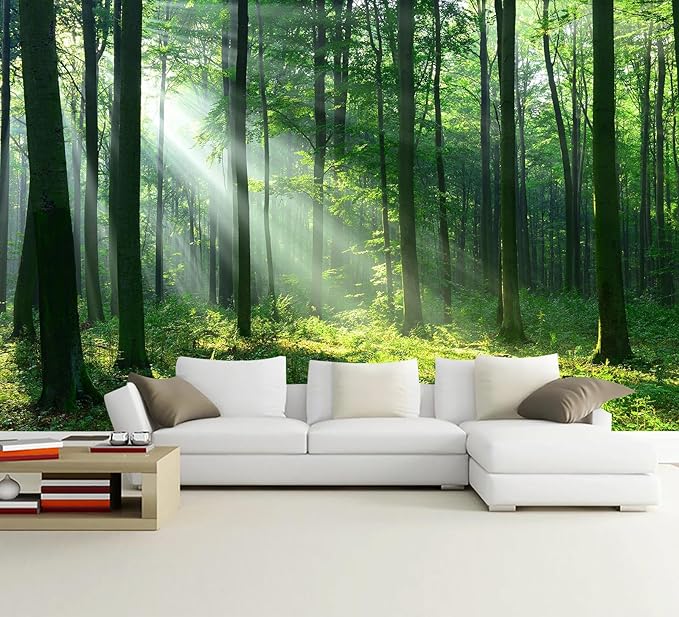 WFBHUA-Green Woodland Wallpaper Mural Foggy Forest Tree Wallpaper Nature Landscape Wall Murals for Bathroom Living Room (Not Peel and Stick)