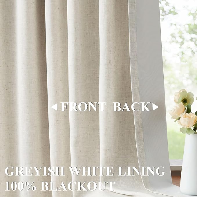 Vision Home Natural Pinch Pleated Full Blackout Curtains Linen Blended Room Darkening Window Curtains 63 inch for Living Room Bedroom Thermal Insulated Pinch Pleat Drapes with Hooks 1 Panel 60"Wx63"L