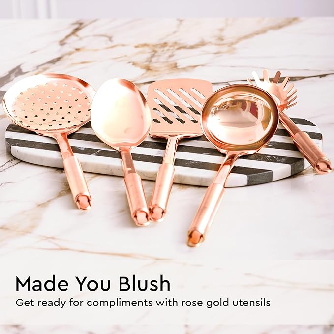 Copper Cooking Utensils Set – 5-Piece Rose Gold Stainless Steel Kitchen Tools for Cooking and Serving Includes Ladle, Spoon, Pasta Fork, Spatula, and Skimmer – Stylish Copper Kitchen Accessories