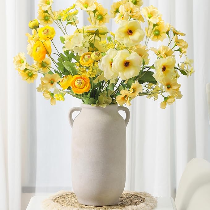 Large Flower Vase Home Decor - 12 inch Tall Ceramic Farmhouse White Rustic Table Vases with Handle Living Room Decoration Decorative Modern for Fireplace Kitchen