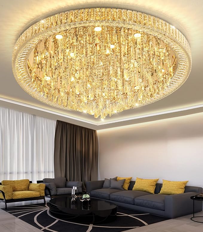 Modern Crystal Chandeliers LED Dimmable Flush Mount Ceiling Chandeliers for Living Room High Ceiling Entrance Foyer Lobby Bedroom Gold
