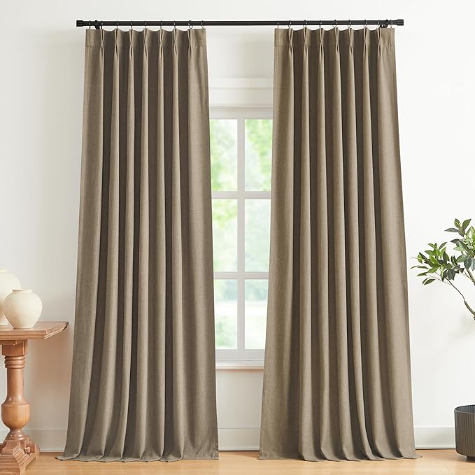 Vision Home Brown Pinch Pleated Full Blackout Curtains Linen Blended Room Darkening Window Curtains 90 inch for Living Room Bedroom Thermal Insulated Pinch Pleat Drapes with Hooks 2 Panel 40" Wx90 L