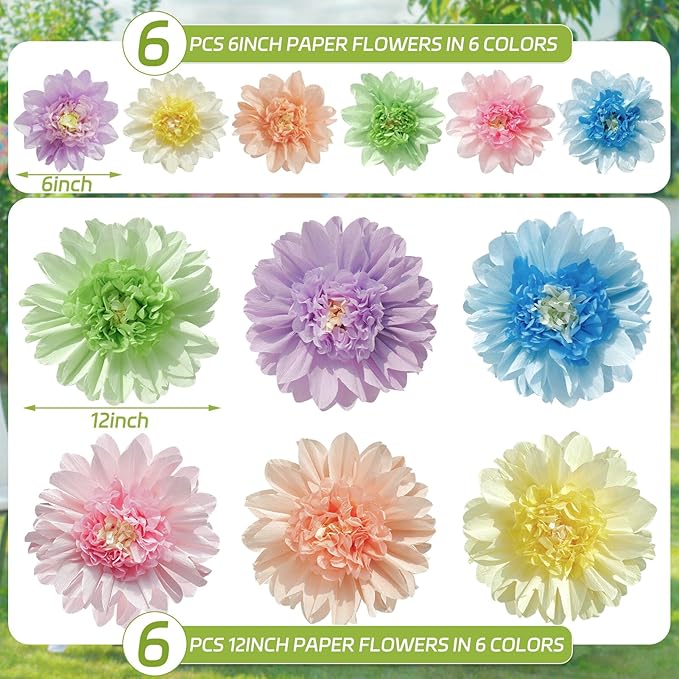 Homarkable Pastel Paper Flowers,12 Pcs Crepe Paper Flowers Decorations,6 in,10 in Flower for Wedding Party Baby Bridal Shower Carnival Party Nursery Wall Decor