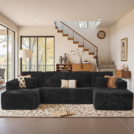 Cloud Sectional Couches for Living Room,U Shaped Modular Sofas No Assembly,133x68 Inches Plush Corduroy Oversized Floor Couch Set with Deep Seat Chaise,Black