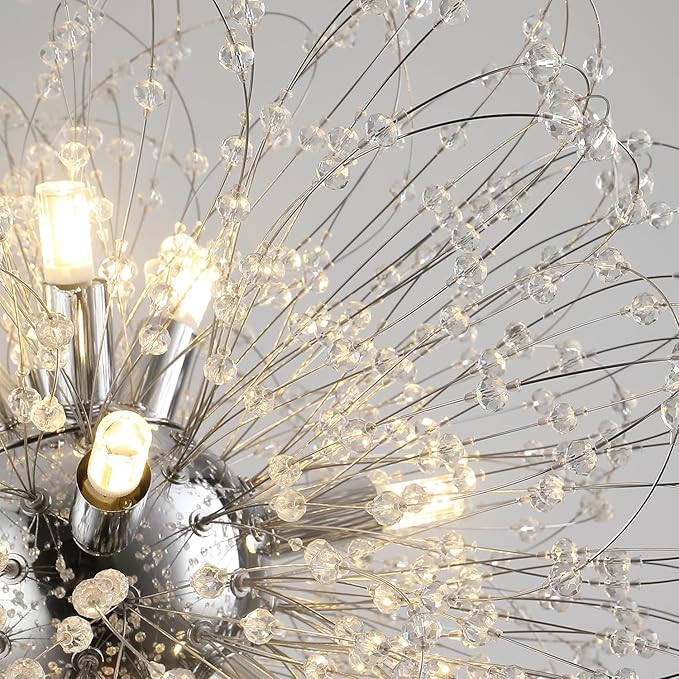 Modern Farmhouse Chandelier, Sputnik Crystal Beaded Pendant Lamp, Round Sunflower Chrome Hanging Light Fixtures for Dining Room Foyer Bedroom Kitchen Island (Chrome 12Lights)