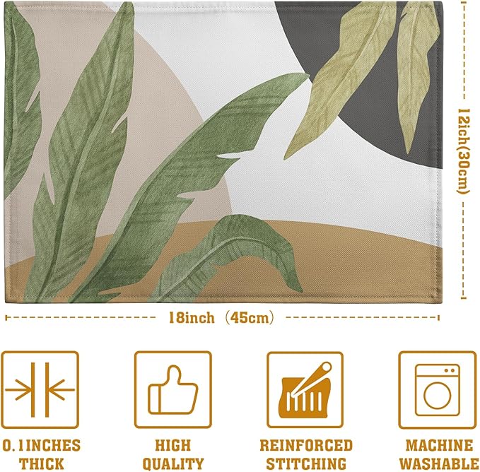 Tropical Palm Leaf Linen Placemats Set of 4 Summer Green Banana Leaves Themed Kitchen Place Mats Washable Non-Slip Heat Resistant Fabric Dining Table Placemats 12x18 Inch