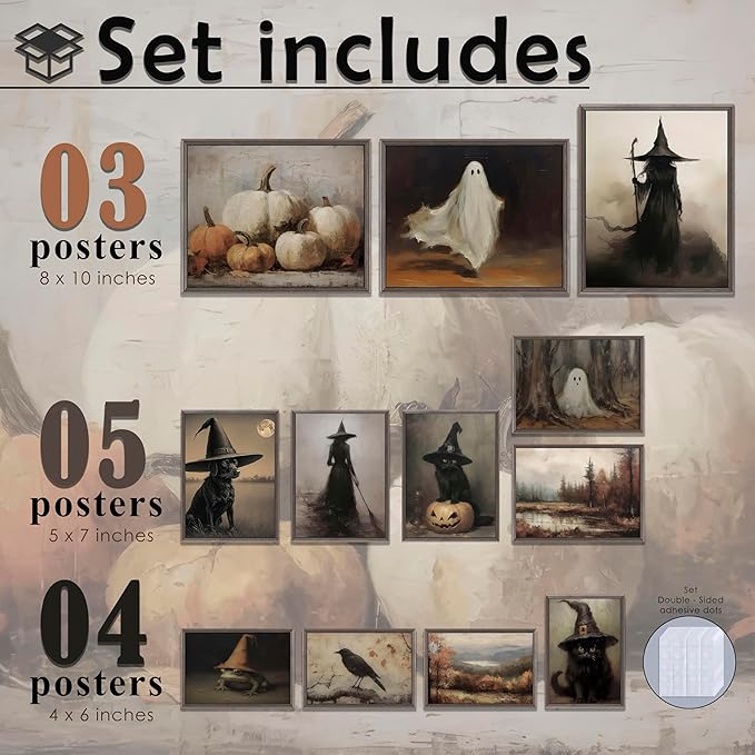 LANCHI95 12 Pcs Halloween Wall Art Prints, Vintage Witch Posters, Cute Ghost Pictures for Bedroom Decor (UNFRAMED)