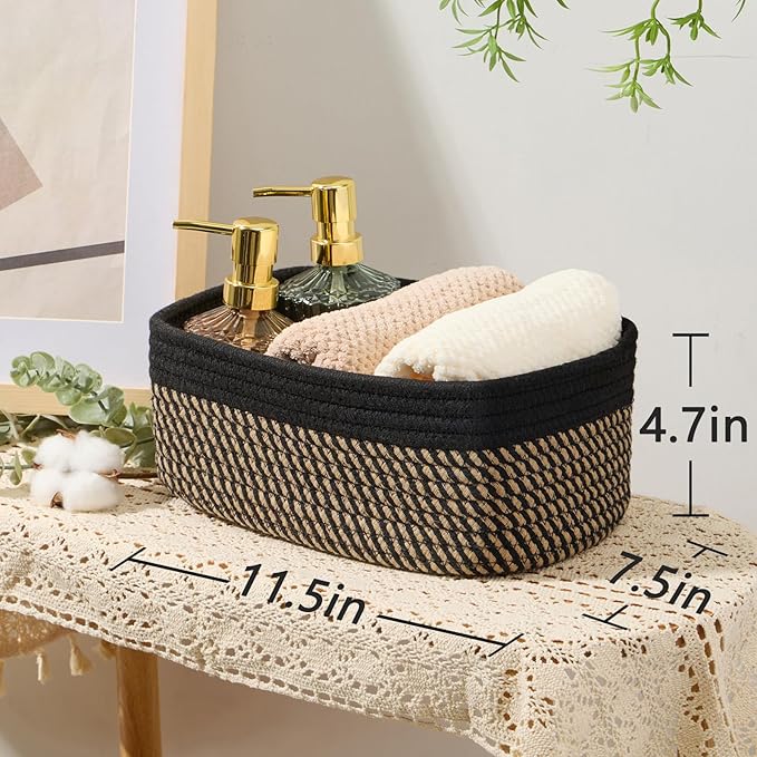Small Storage Baskets for Organizing | Closet Organizer Bins | Shelf Toy Basket | Woven Rope Baskets | Cube Decorative Box | Shallow Basket | 11.5x7.5x4.7” | 3 Packs Black Brown