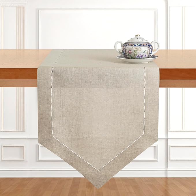 D'Moksha Homes Natural Linen Table Runner 48 Inches Long - 100% Pure Linen Diamond Table Runner 14 x 48 Inch for Dining, Fall and Halloween - Machine Washable
