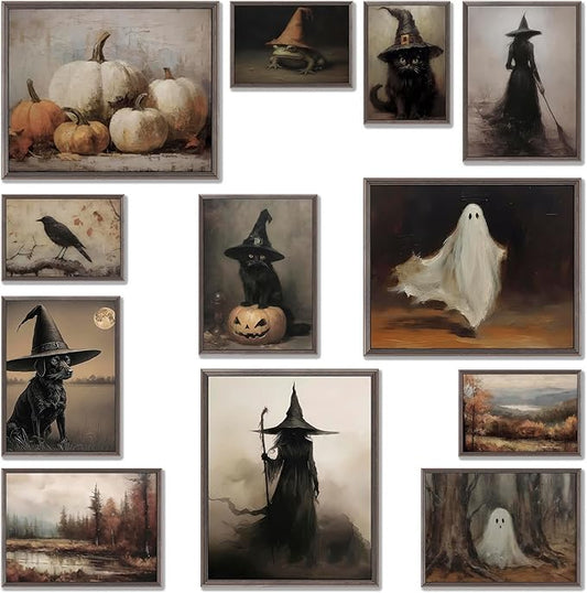 LANCHI95 12 Pcs Halloween Wall Art Prints, Vintage Witch Posters, Cute Ghost Pictures for Bedroom Decor (UNFRAMED)