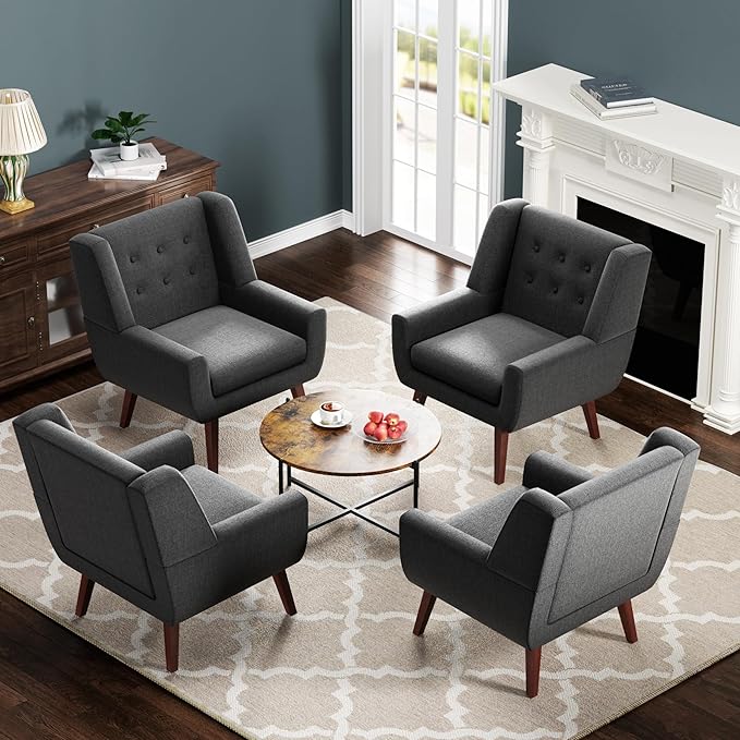 HUIMO Accent Chairs Set of 4, Upholstered Button Tufted Armchair, Linen Fabric Sofa Chairs for Bedroom, Living Room, Mid Century Modern Comfy Reading Chair (4, Grey)