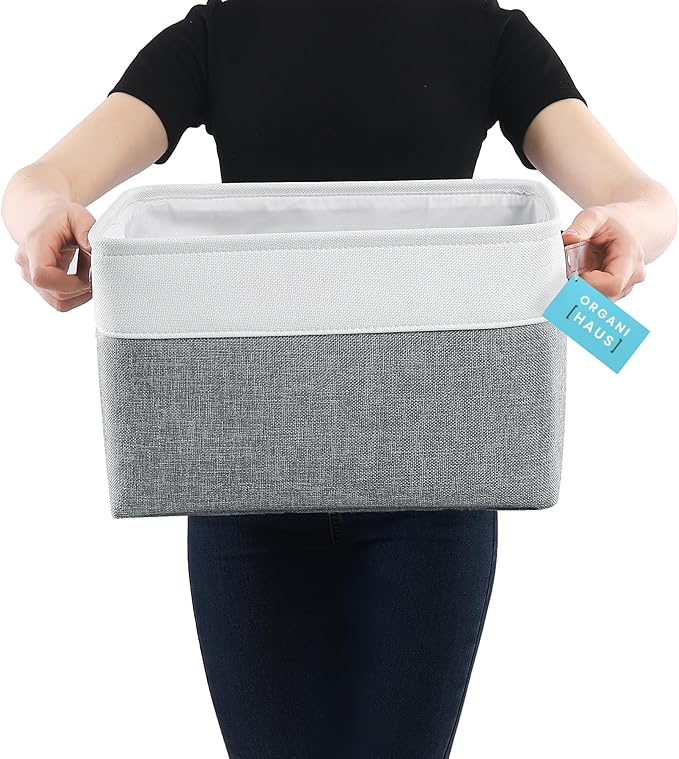 OrganiHaus Large Fabric Storage Baskets for Shelves 3 Pack, 15x11in Closet Storage Bins for Shelves, Cloth Baskets for Organizing, Linen Closet Organizers, Fabric Basket, Gray/White