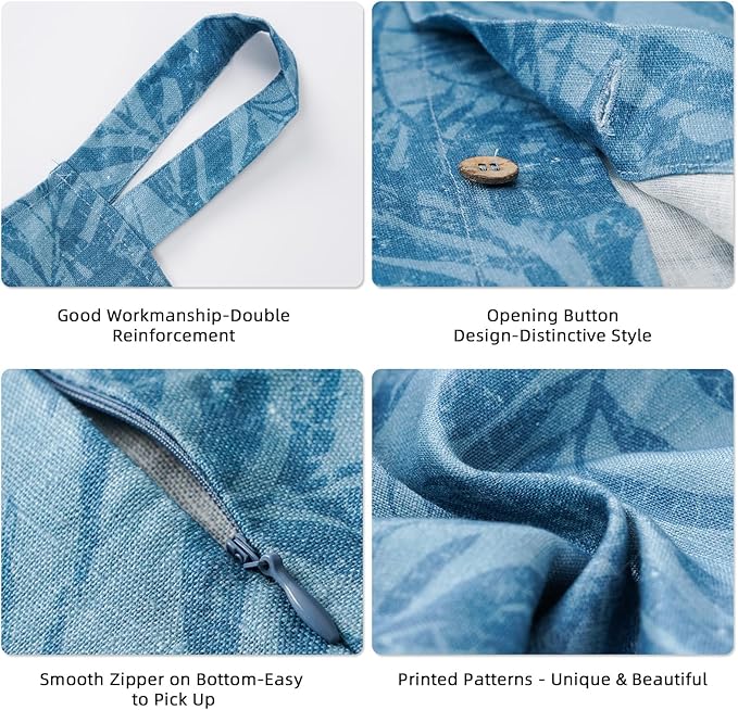 Linen Hanging Laundry Bag, 100% Linen Leaf Print Over The Door Laundry Hamper with Buttons and Zipper, Space Saving Door Hampers for Laundry Dirty Clothes Home Travel, Blue, 19.7x27.5inches