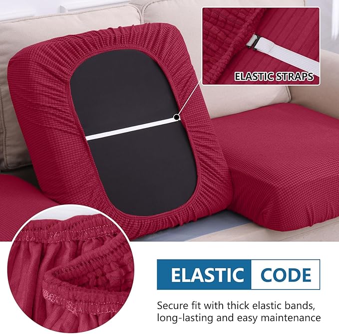 hyha Waterproof Sectional Couch Covers, Non Slip Sofa Couch Cushion Covers L Shape, Thick Stretch Jacquard Fabric, Washable Sofa Slipcovers with Elastic Bottom (1 Piece for Chaise XL, Wine Red)