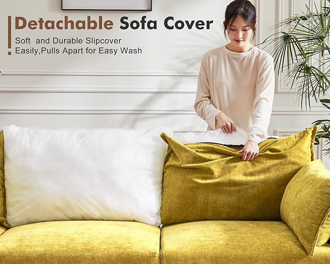 Oversized Accent Chair, Upholstered Modern Sofa Chair with Removable Backrest & Detachable Cover, 24.5" Deep Seat Large Reading Armchair for Living Room Bedroom Office-Chenille Yellow Set of 2