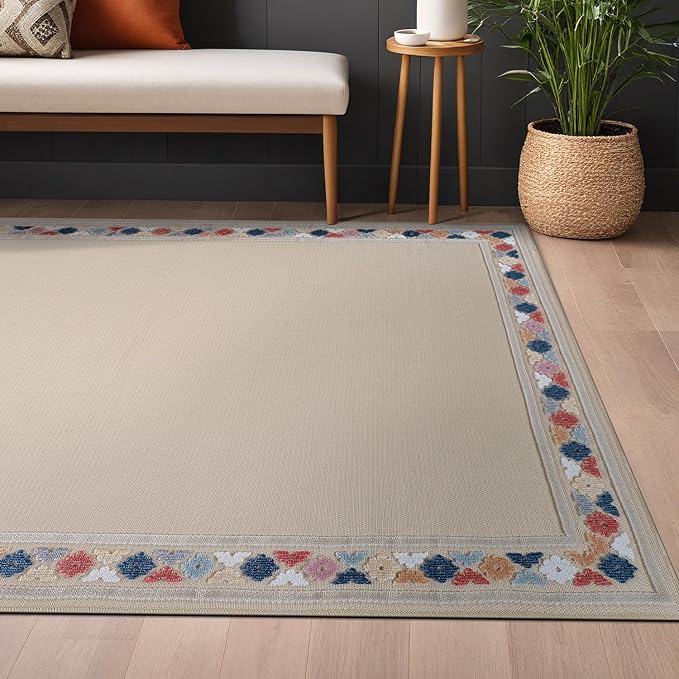 Beverly Rug Outdoor Rug 6x9 Modern Bordered Area Rugs for Indoor and Outdoor Patio Easy to Clean Non Shedding Living Room Porch Garden Washable Outside Carpet (6 x 9 Beige)