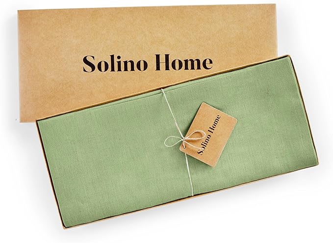 Solino Home Linen Table Runner 60 Inches - 100% Pure Linen Laurel Green Table Runner 14 x 60 Inch Ideal for Dresser and Coffee Tables - Fall, Autumn, Thanksgiving - Fete