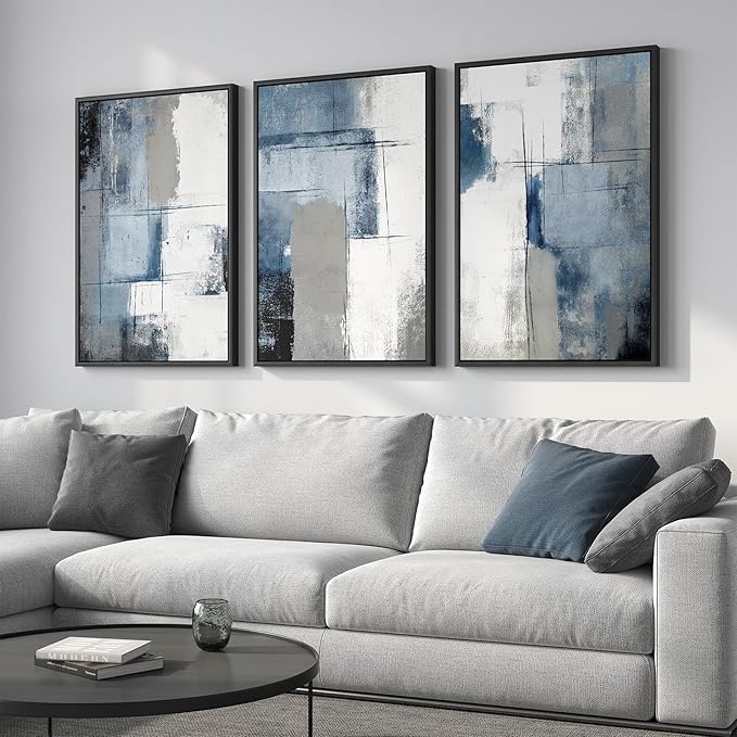 Large Framed Navy Blue and Grey Abstract Wall Art for Living Room, 3 Piece Modern Canvas Prints Paintings Artwork for Walls, Minimalist Abstract Pictures Wall Decor for Hallway Office Bedroom 24x36 In