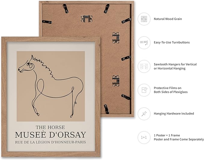 Poster Master Vintage Poster - Retro Minimalist Print - Gift for Artist, Friend - Horse, Line Drawing, Sketch, Abstract - Wall Decor for Living Room, Bedroom, 11x14 Beige Framed