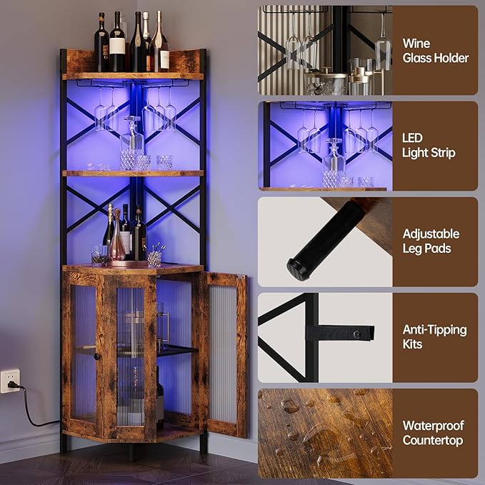 Corner Bar Cabinet with Power Outlet, 5-Tier Corner Wine Cabinet with Led Strip and Glass Holder, Industrial Tall Liquor Cabinet Bar Wine Rack for Home, Rustic Brown