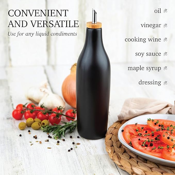 Black Ceramic Olive Oil Dispenser Bottle 16 Oz Container for EVOO or Vinegar, Kitchen Counter Design