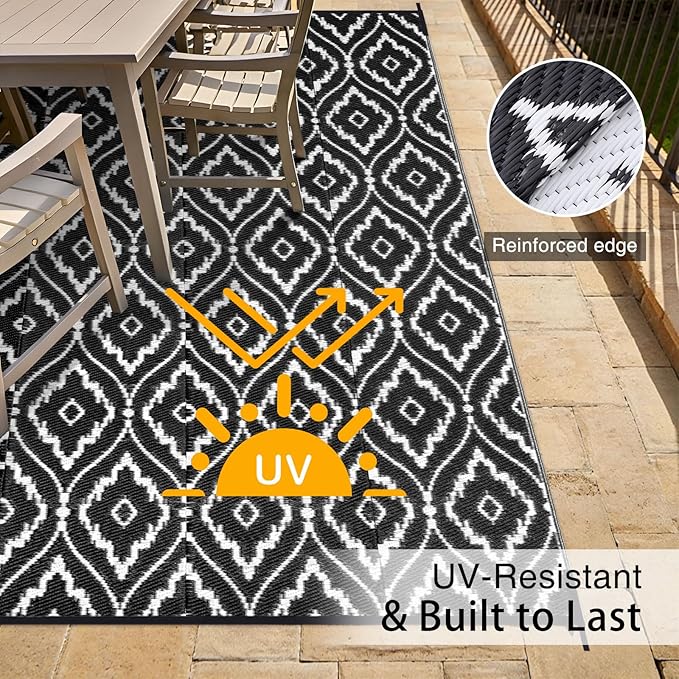 OLANLY Outdoor Rug 8x10 ft Waterproof, Outdoor Plastic Straw Rug with Geometric Pattern Clearance, Reversible RV Mat for Patio, Camping, Balcony, Deck, Backyard, Black & White
