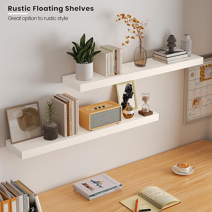 Floating Wood Shelves for Wall 36 Inches x 8”x 1.4” Shelf Floating Home Decor, Heavy Duty Shelf Hold 80 lbs, Wall Shelves for Bathroom Living Room Kitchen Bedroom Office - Set of 2 White
