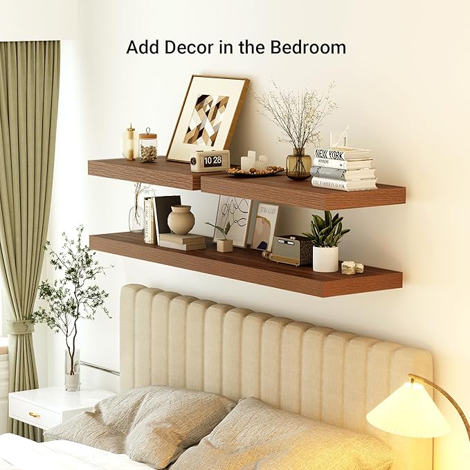 Heimlove 12" Deep Floating Shelves, 36 x 12 Inch Wall Mounted Long Floating Shelf with Invisible Brackets, for Home Decor, Bedroom, Kitchen, Living Room, Bathroom - 1 Pack, Walnut