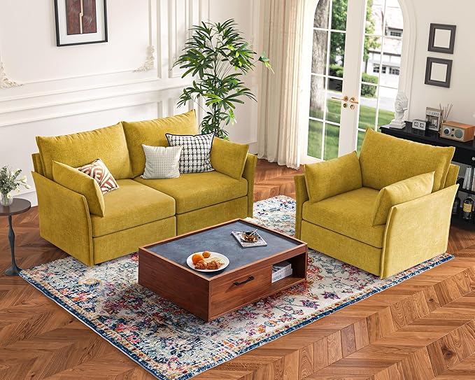Oversized Loveseat Sofa, Modern Modular Sectional Couch Yellow Fluffy Chenille Mid Century 2-Seat 24.5" Deep Seat for Apartment, Living Room, Bedroom