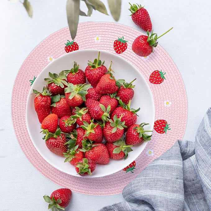 Whaline 4Pcs Round Placemats Daisy Strawberry Embroidered Place Mats Summer Strawberry Dinner Table Mats for Home Wedding Baby Shower Birthday Party Decor