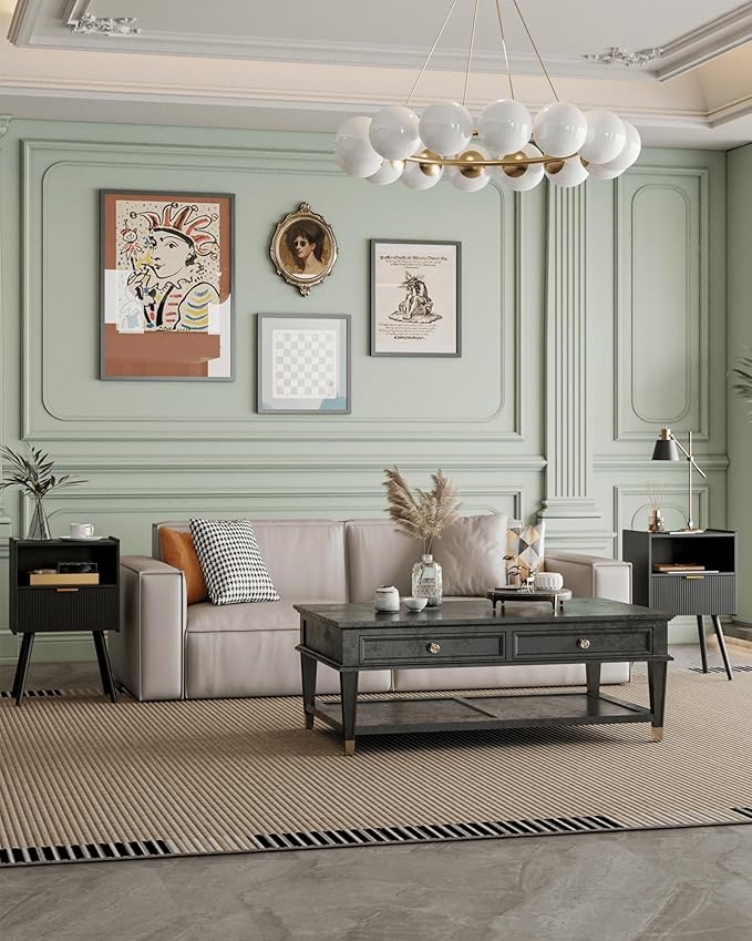 Nightstand,Modern Bedside Table with Storage Drawer and Open Wood Shelf, Accent Night Stand with Solid Wood Legs for Living Room, Bedroom and Small Spaces,Easy Assembly (Black)