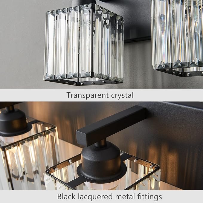 Modern Bathroom Vanity Light 2-Lights Black Crystal Bathroom Wall Light Vanity Light Fixtures，12.59-inch Modern Minimalist Design
