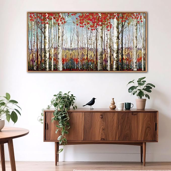 Large Framed Wall Art for Living Room Birch Tree Wall Decor Red Forest Painting Artwork Wall Decoration Nature Pictures Wall Art Fall Above Bed Wall Decor