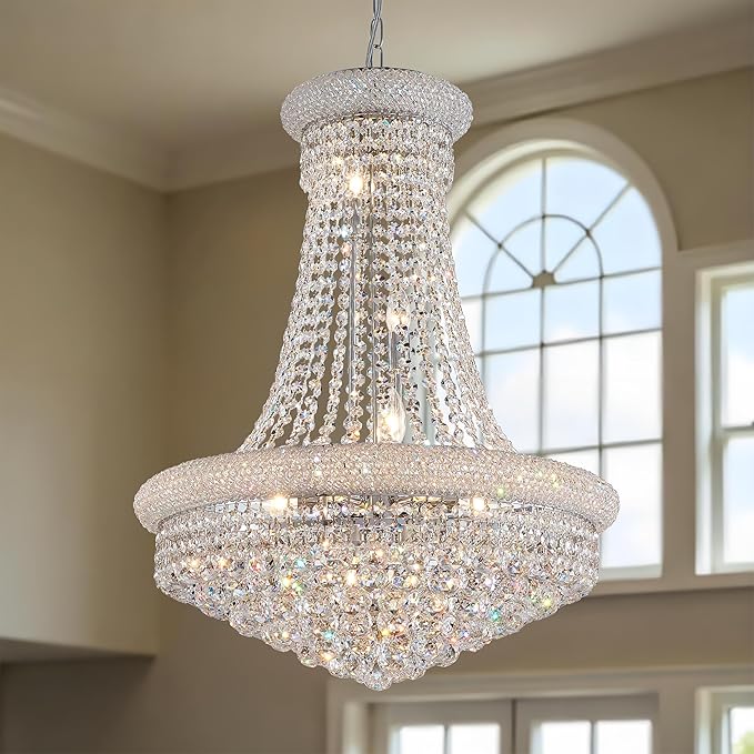 Modern Crystal Chandeliers Foryer Chandelier for High Ceilings, 11-Lights Silver Empire Crystal Chandeliers for Living Dining Room Entryway Hallway(D23.6)