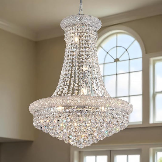 Modern Crystal Chandeliers Foryer Chandelier for High Ceilings, 11-Lights Silver Empire Crystal Chandeliers for Living Dining Room Entryway Hallway(D23.6)
