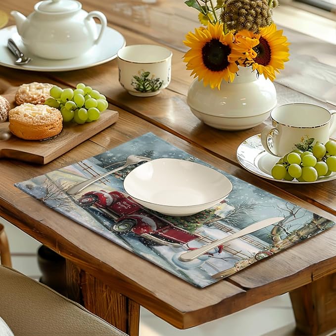 Red Truck Xmas Tree Snowman Christmas Placemats Set of 4 Winter Snowflake Vintage Farmhouse Rustic Place Mats 12x18 Inch Seasonal Christmas Holiday Washable Table Mats for Party Kitchen Dining Decor