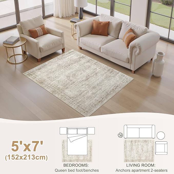 Washable Area Rugs for Living Room -5x7 Neutral Vintage Distressed Floral Farmhouse Boho Large Soft Floor Rug Indoor Non Slip Carpet for Living Room Bedroom Dining Room Office-Beige