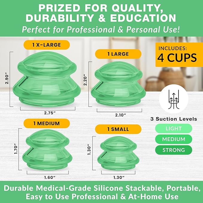 Silicone Cupping Therapy Set Professional Massage Cupping Cups for Cupping Therapy 4 Cup Kit for Massage, Myofascial Release, Cellulite Reduction (Lure Green)