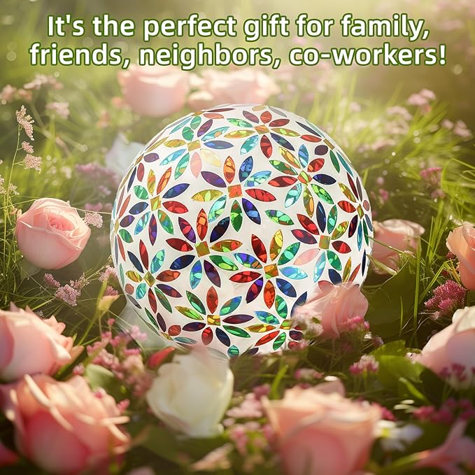 VOREEN Mosaic Glass Gazing Ball Outdoor Gazing Globe, Reflective Ball Yard Decoration for Homes, Patio, Lawn and Gardens, Gift for Mom Wife Friend, 10-Inch, Multi Colored Flowers Design