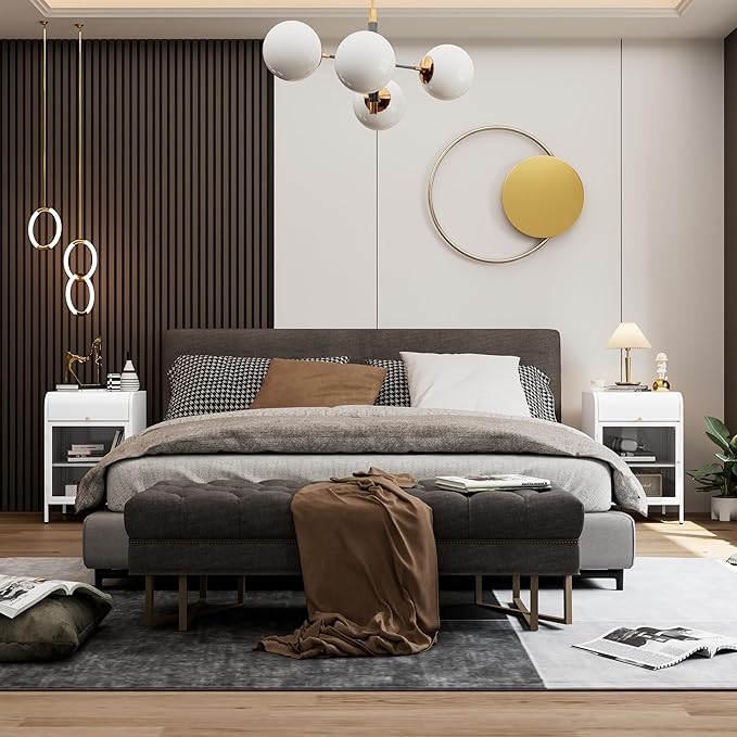 Modern Metal Side Tables Set of 2, End Tables with Glass Door, 2-Tier Nightstands with Storage Shelves, Accent Table, Slim Sofa Table for Living Room, Bedroom (White)