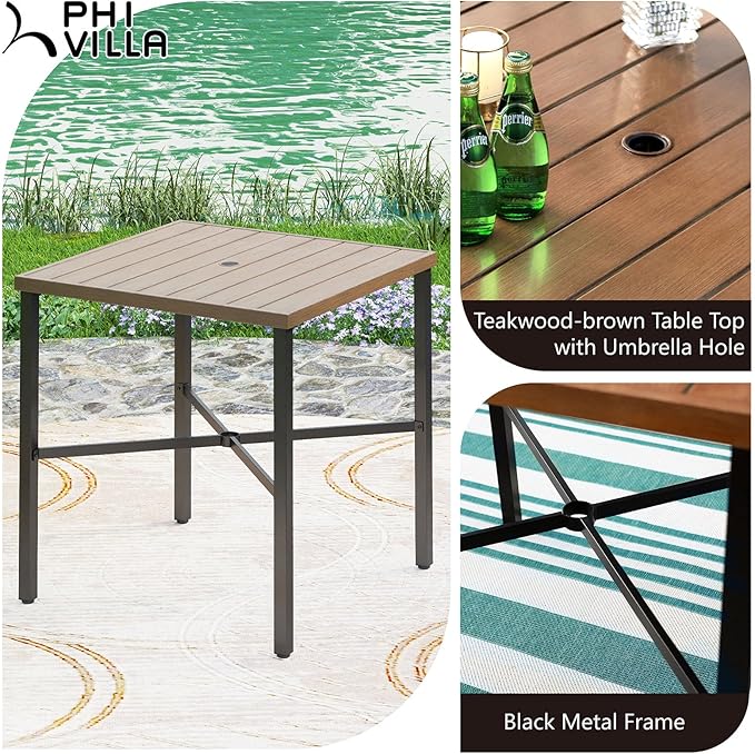 PHI VILLA 36"X36" Outdoor Metal Counter Height Table with 1.57" Umbrella Hole, Square Table with Teakwood-Brown Table Top and Black Table Legs for Outdoor and Indoor
