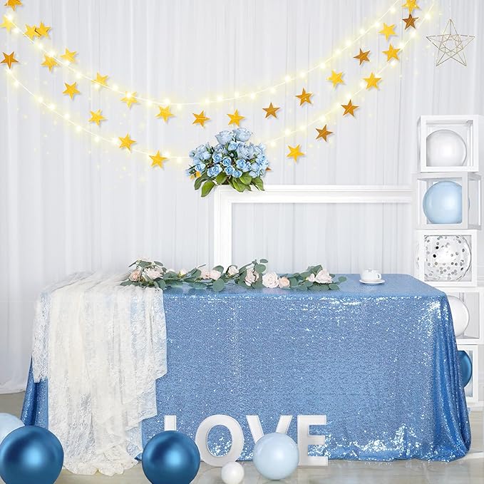 SquarePie Sequin Tablecloth 90 x 132 Inch Baby Blue Sparkly Table Linen for Wedding Party