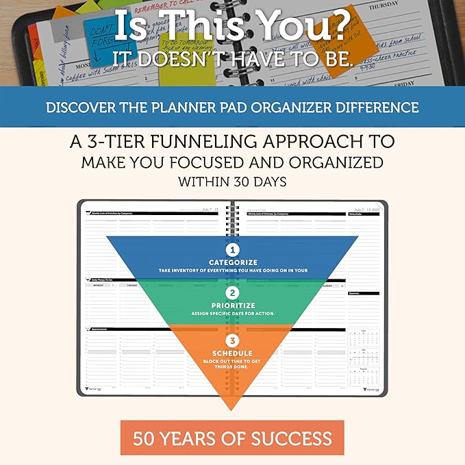 Planner Pad Spiral Bound 3-Tier Funnel Down 12 Month Organizer, July 2025 – June 2026 / Academic Year, Black Cover/Black Ink, 8 1/2" x 11"