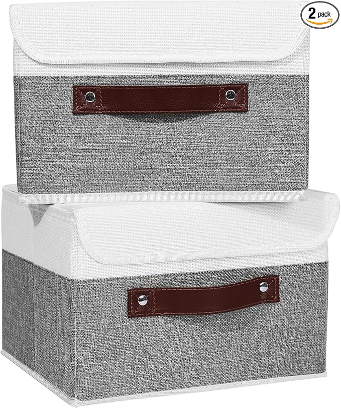ANMINY 2PCS Storage Boxes with Lid Washable Decorative Storage Bins Basket with PU Leather Handle Foldable Linen Fabric Storage Cubes Containers for Home Closet Organizer - Gray White, Small Size