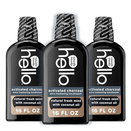 Hello Activated Charcoal Extra Freshening Mouthwash, Natural Fresh Mint and Coconut Oil, Fluoride Free, Alcohol Free, Vegan, SLS Free and Gluten Free, 16 Fl Oz (Pack of 3)