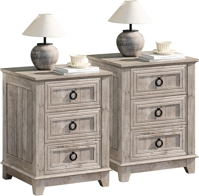 Farmhouse Night Stand Set of 2, 18" End Table with 3 Drawer Metal Handle, Dresser for Bedroom, Sofa Bed Side Table Chest of Drawers,Wood Nightstand Cabinet for Organizer, Living Room-Oak
