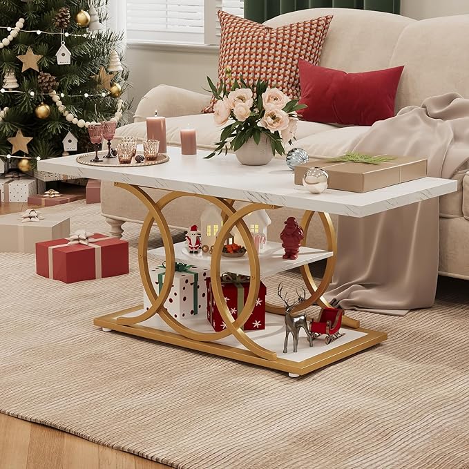 GiftGo Rustic Coffee Table with Storage Modern 3 Tier Center Living Room Table Faux Marble Wooden Rectangle Cocktail Tea Table for Office Bedroom Elegant Full Moon Design (White Gold, L-47)