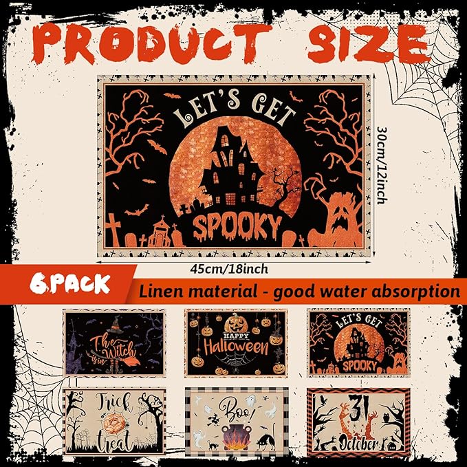 Umigy 6 Pcs Halloween Placemats 12"x18" Gothic Bat Placemats Kitchen Decoration Washable Witch Place Mats Rectangle Skull Table Mats for Halloween Dining Table Accessories(Classic)