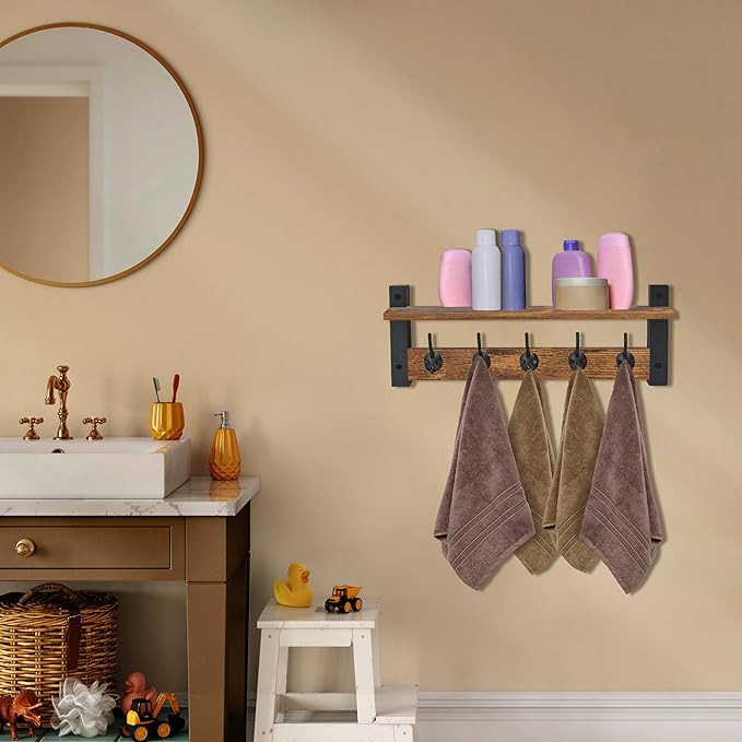 Sorbus Coat Hooks Wall Mount with Shelf – 24 Inch Coat Rack Wall Mount with 5 Heavy Duty Hooks – Floating Wall Shelf with Hooks for Entryway, Bathroom, Bedroom, Kitchen, or Mudroom (Rustic Brown)