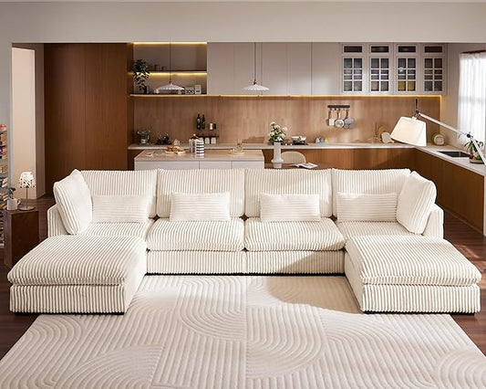 Oversized Modular Sofa, Extra Deep Cloud Corduroy Sectional Couch with Ottoman Chaise, Fluffy Chenille 6 Seat U-Shaped Sofa for Living Room, Villa (U Shape 6 Seater, Corduroy White)